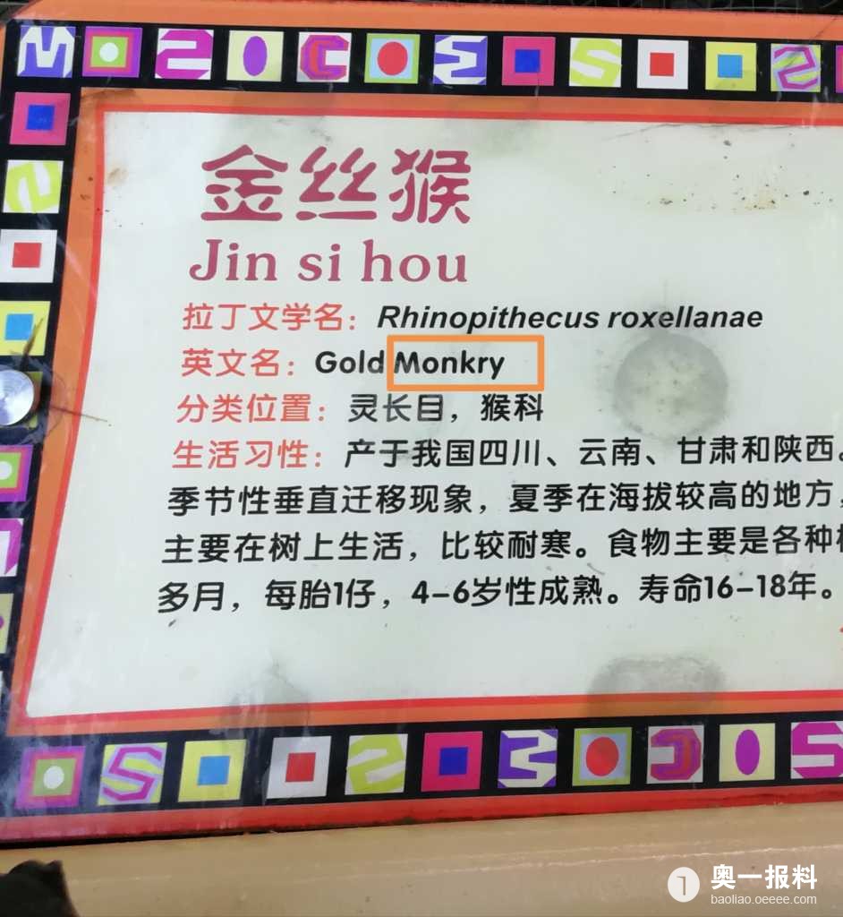 周日逛动物园,驻足看了一下金丝猴的介绍,发现一处英译单词错误 gold